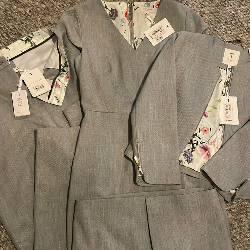 Three piece set. Pants, one peplum tailored dress, and one peplum jacket.